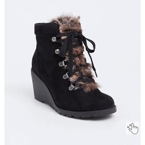 Torrid Sueded Faux Fur Wedge Bootie Size 7ww